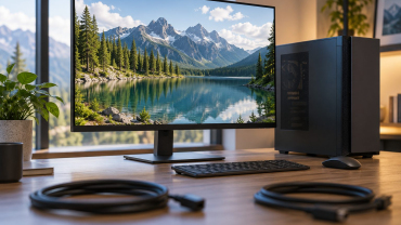 Ordenador y monitor con cables de vídeo sobre una mesa