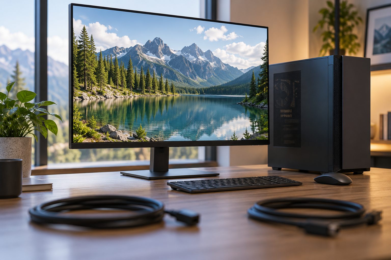 Ordenador y monitor con cables de vídeo sobre una mesa