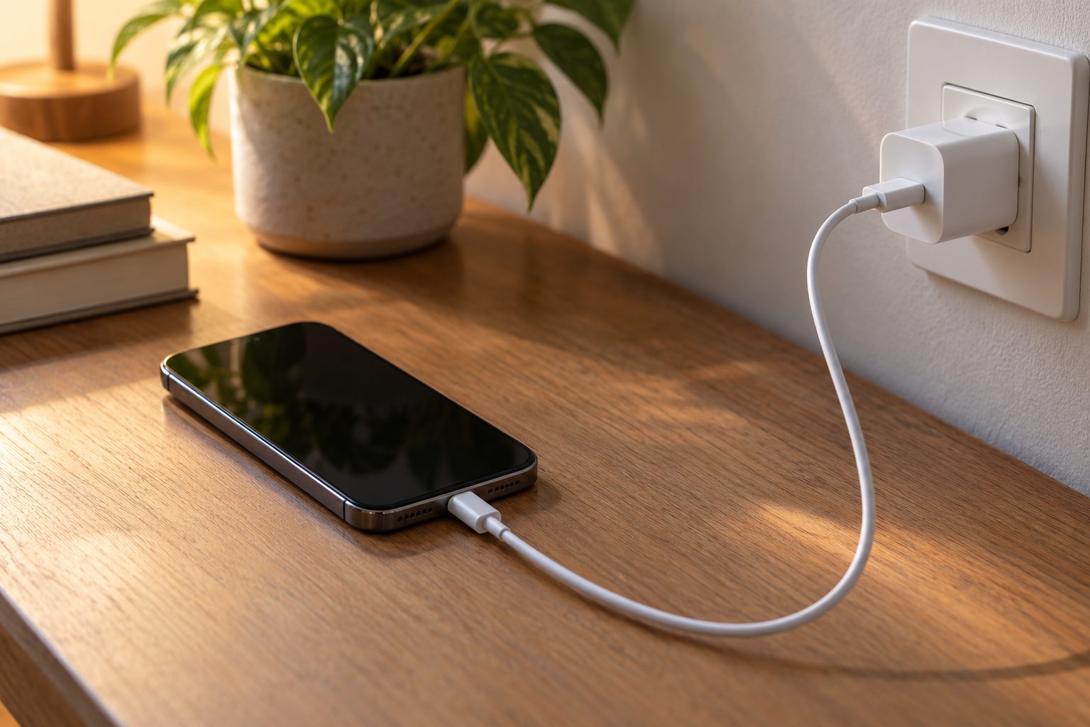Teléfono conectado a un cargador de pared