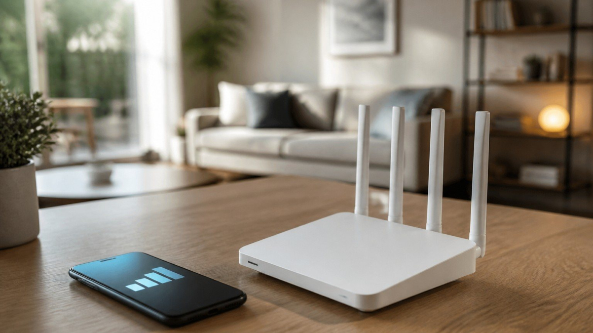 Router WiFi 6 sobre un mueble en una vivienda moderna
