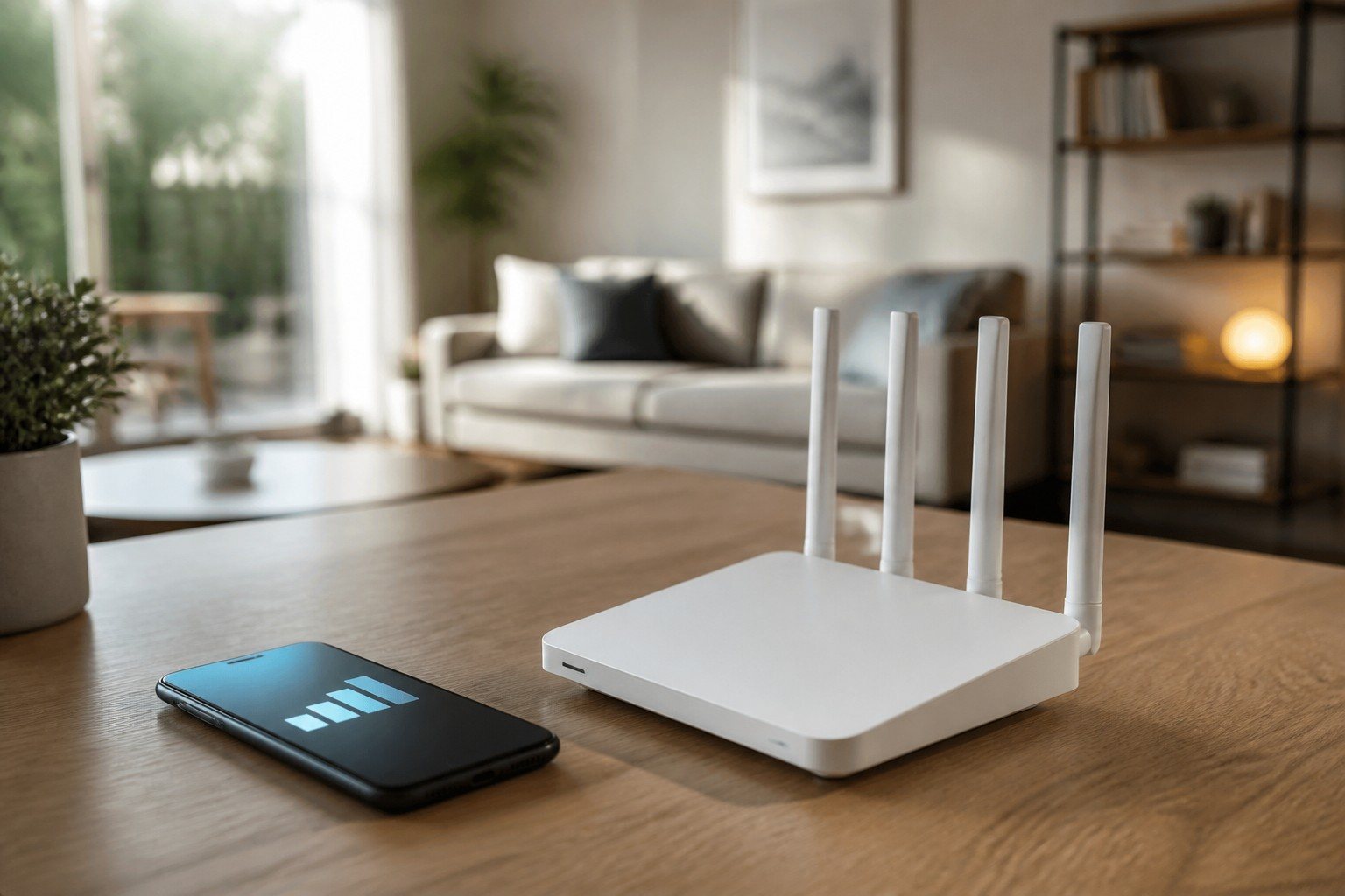 Router WiFi 6 sobre un mueble en una vivienda moderna