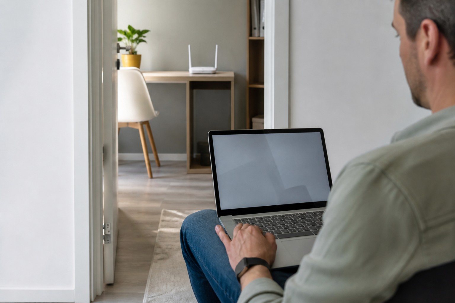 Persona midiendo la cobertura wifi con un portátil y un móvil